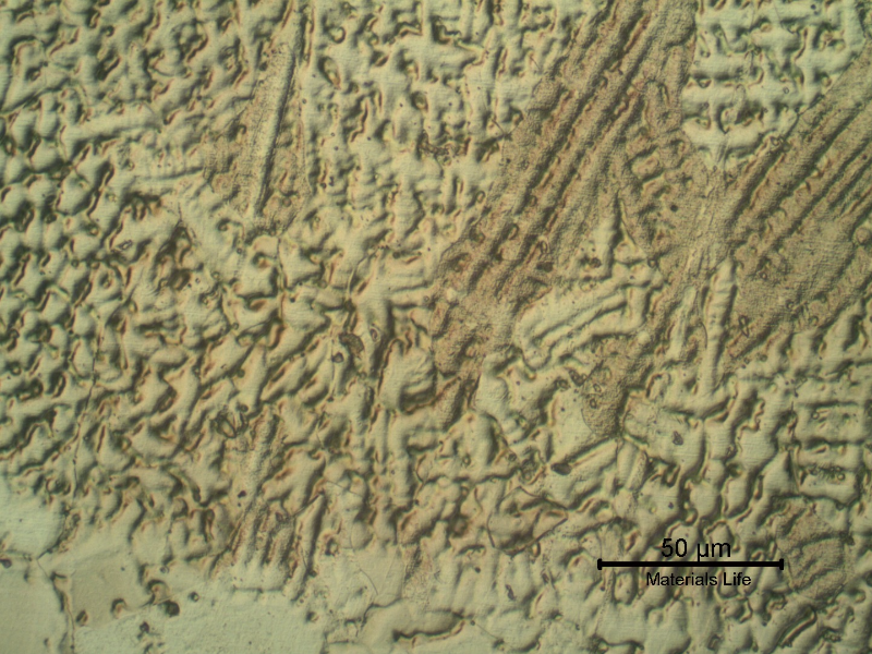 Micrographic detail of the pipe fusion line. The pipe heat affected zone is at the bottom and the weld metal is at the top.