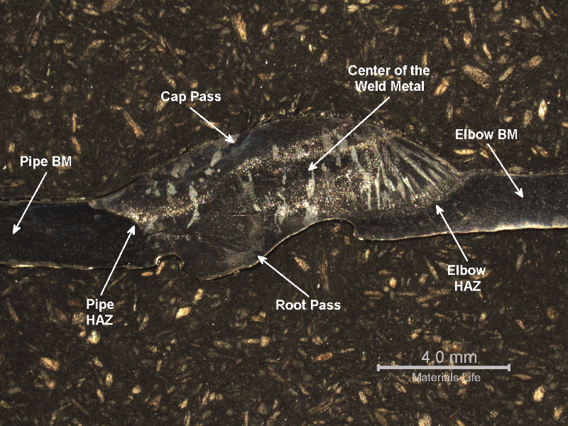 Macrography of the pipe to fitting welded joint, in a region where the thickness loss is almost uniform. The pipe is in the left of the figure and the elbow is in the right, with a general thinning (average of 2 mm, considering that the original thickness was 3.7 mm), and a slightly more intense thickness loss at the weld metal near the elbow side.