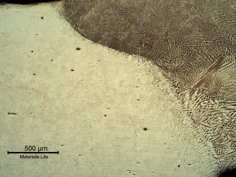 Micrography of the pipe heat affected zone. The weld metal is on the right.
