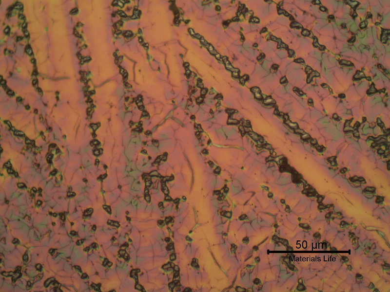 Micrographic detail of the weld metal showing a dendritic microstructure. Chromic acid, electrolytic etched.