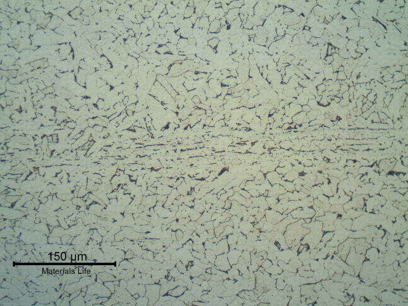 Micrography of the 8 mm plate base metal, low carbon steel. Predominantly ferritic structure.