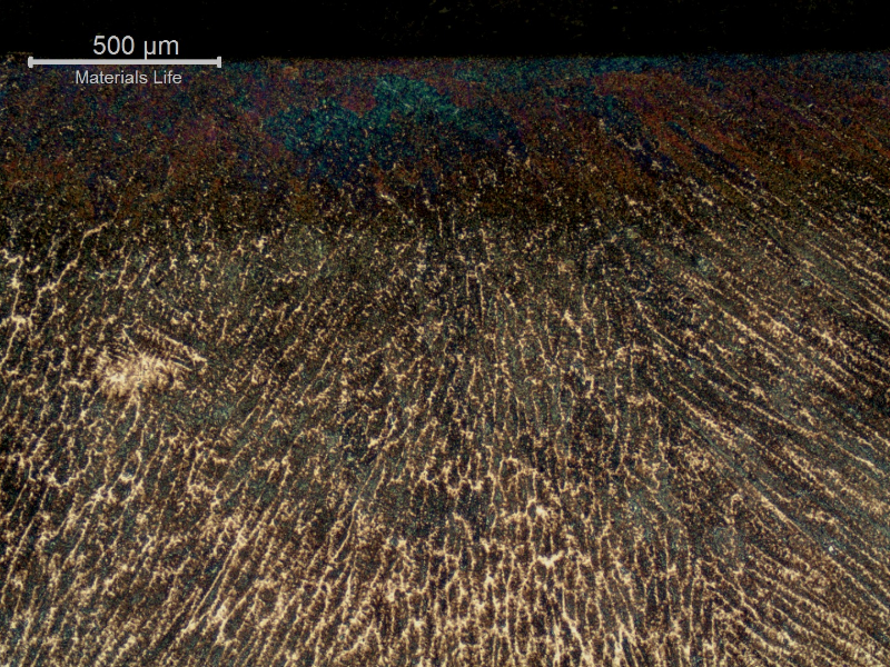 Micrography of the weld metal in a hardened region. Martensitic weld metal presenting macro hardness level about 370 HV1.