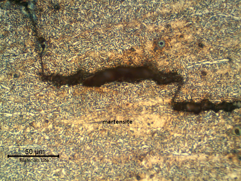 Micrography of the weld metal in a cracked region. Non tempered martensitic regions. This part is not typically  stress relieved after welding.