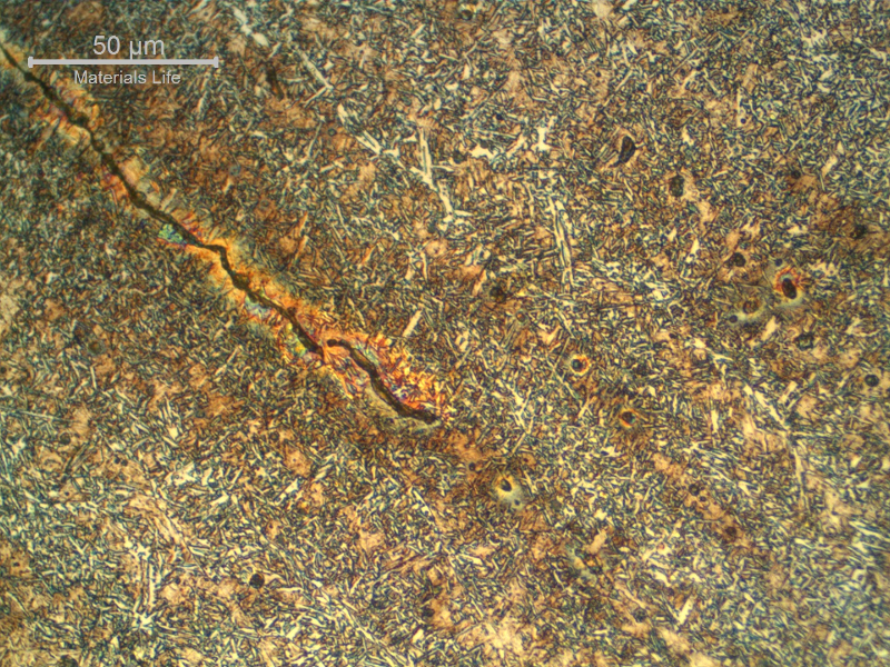 Micrographic detail of the weld metal in a cracked region.