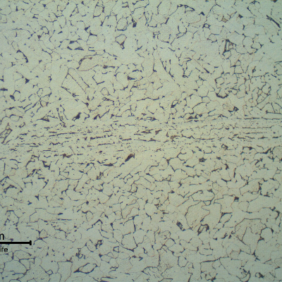 Micrography of the 8 mm plate base metal, low carbon steel. Predominantly ferritic structure.