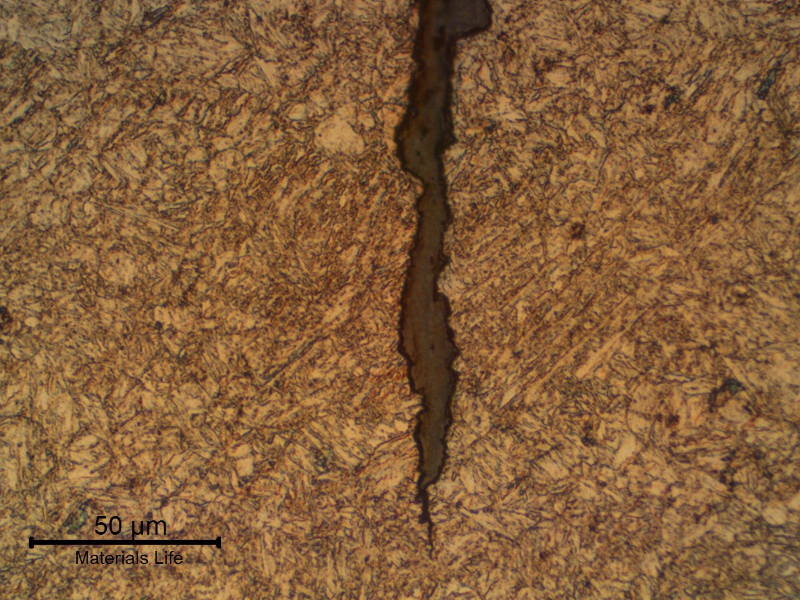 Micrographic detail of the slightly irregular crack propagation, typical of a corrosion-fatigue mechanism.