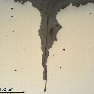 Micrographic detail, in the as polished condition, of the corrosion fatigue crack.