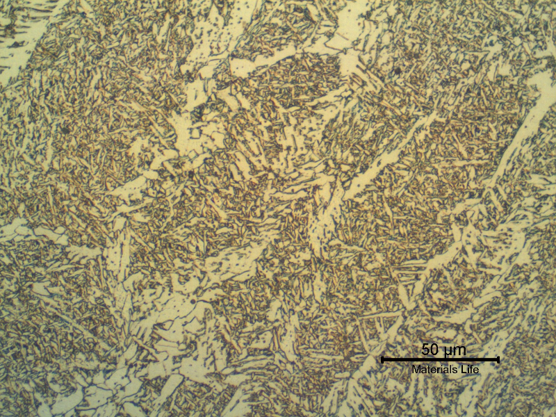 Micrographic detail of the weld metal presenting a typical low carbon steel structure (acicular ferrite and previous austenite grain boundary ferrite).