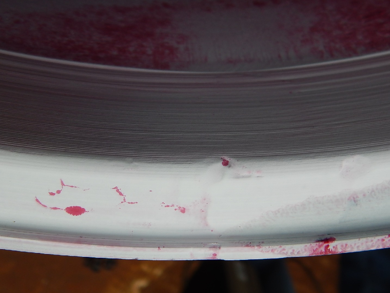 Aspect of the welded region after dye check showing several indications, later identified as hot cracks associated to the repair welding.