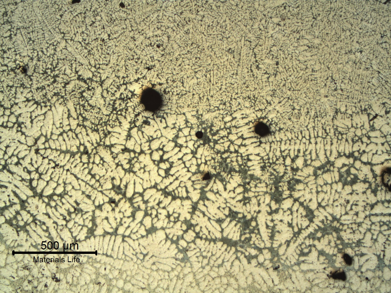 Low magnification micrography of the welded region, showing the base metal in the bottom, the fusion zone (between the liquidus and solidus temperatures) in the center and the weld metal in the top.  There are pores close to the weld metal and in the fusion zone the interdendritic space was melted and the eutectic morphology was changed.