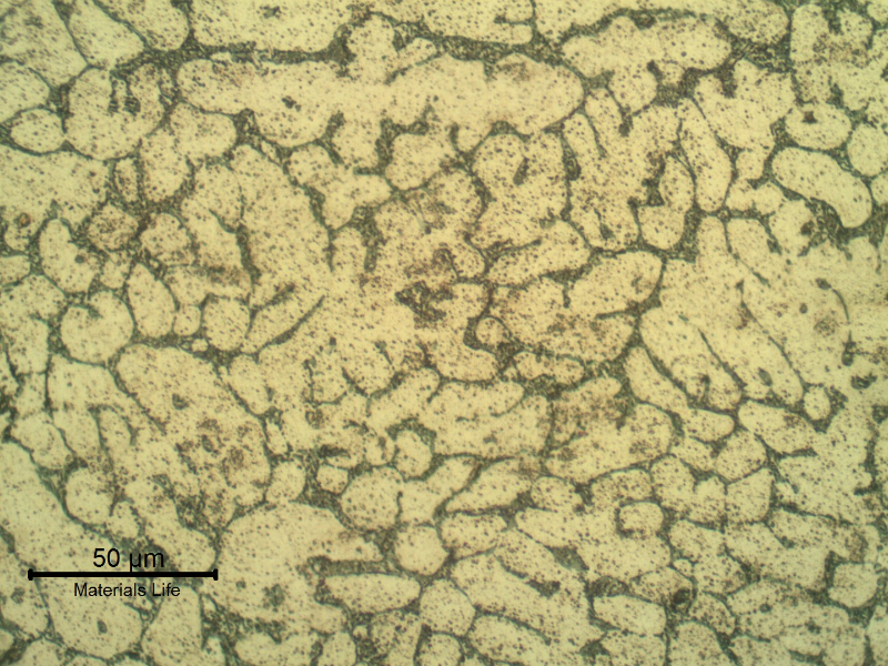 The weld metal presents the same structure than the base metal (alpha aluminum dendrites with Si/Al alpha eutectic in the interdendritic space) but refined when compared to the base metal.  Also the hardness level is higher for the weld metal than the base metal.