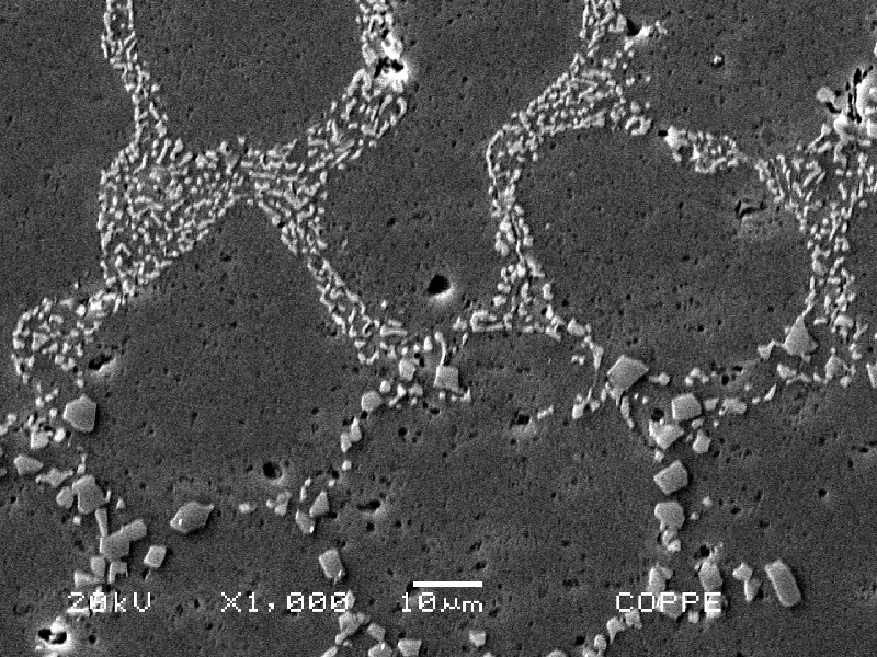 The coalesced silicon particles in the interdendritic space of the base metal presents a remelting at the fusion zone. The micrography by SEM shows the exactly line where the eutectic is remelted and refined. Keller etch.