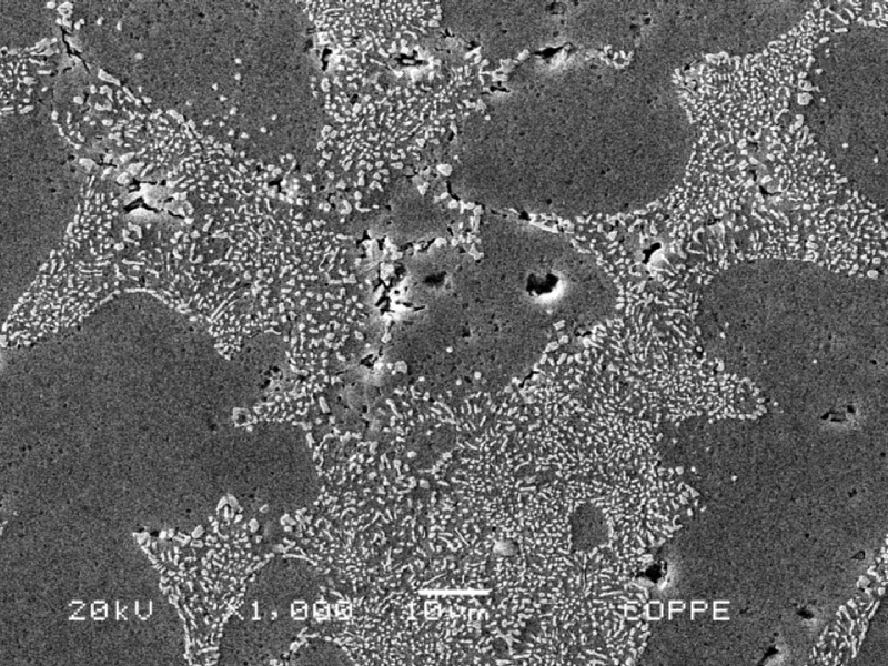 Refined dendrites in the weld metal. The Si/Al alpha eutectic in the interdendritic space is also refined. Keller etch.