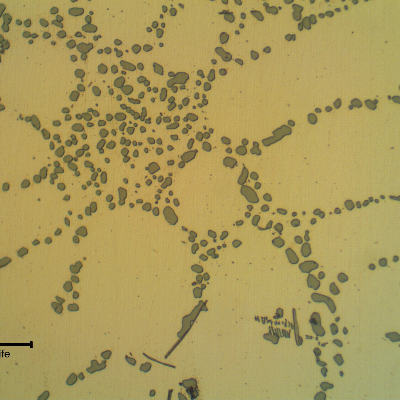 Micrographic detail of the cast rim, base metal, in the as polished condition, showing the dendrites of alpha aluminum and interdendritic eutectic Si/alpha, silicon particles in a coalesced condition that sugegsts a solution annealed treatment.