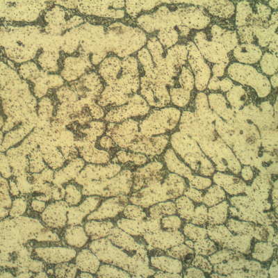 The weld metal presents the same structure than the base metal (alpha aluminum dendrites with Si/Al alpha eutectic in the interdendritic space) but refined when compared to the base metal.  Also the hardness level is higher for the weld metal than the base metal.