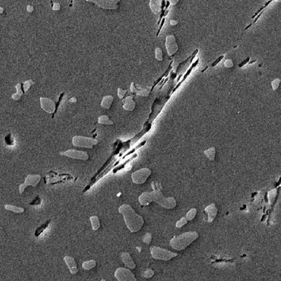 Micrographic detail of the cast rim at the heat affected zone presenting coalesced Si particles at the interdendritic space an neddles of Fe rich phase. Keller etch.