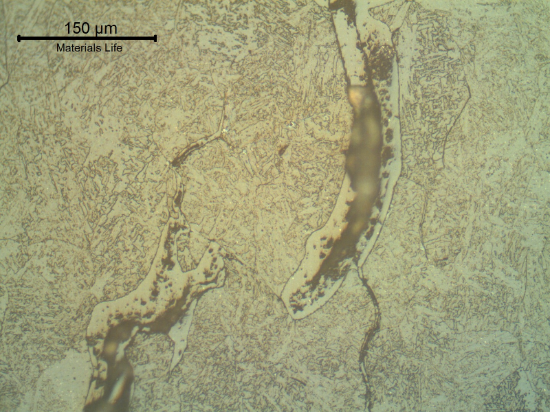 Detail of the weld metal intergranular and branched cracking (in the previous austenite grain boundaries). The replication technique was adopted to define the nature of the cracks.