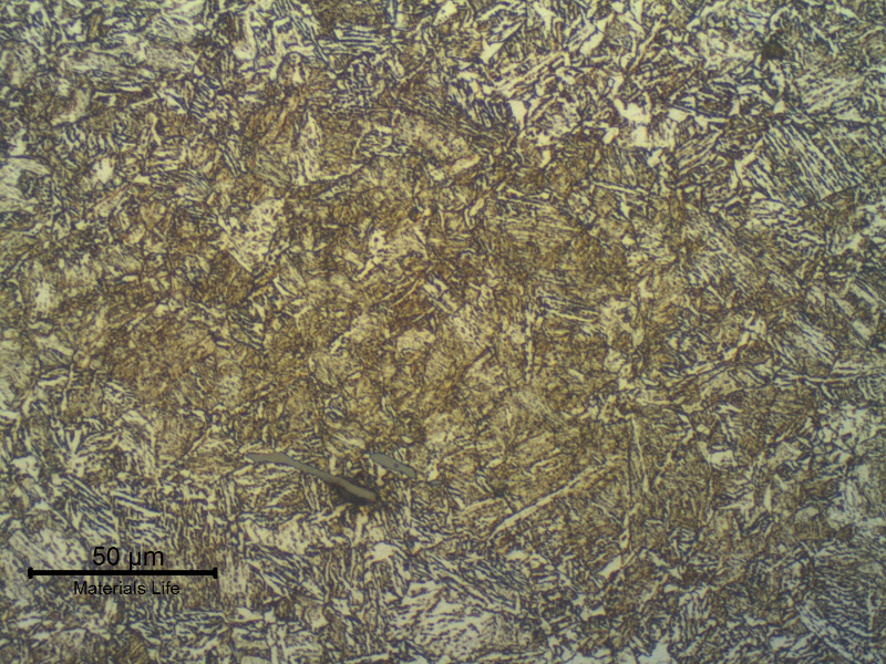 Micrographic detail of the AISI 4130 forging, 5/8" thickness, close to the welded region, in the longitudinal section. Bainitic and tempered martensitic structure.
