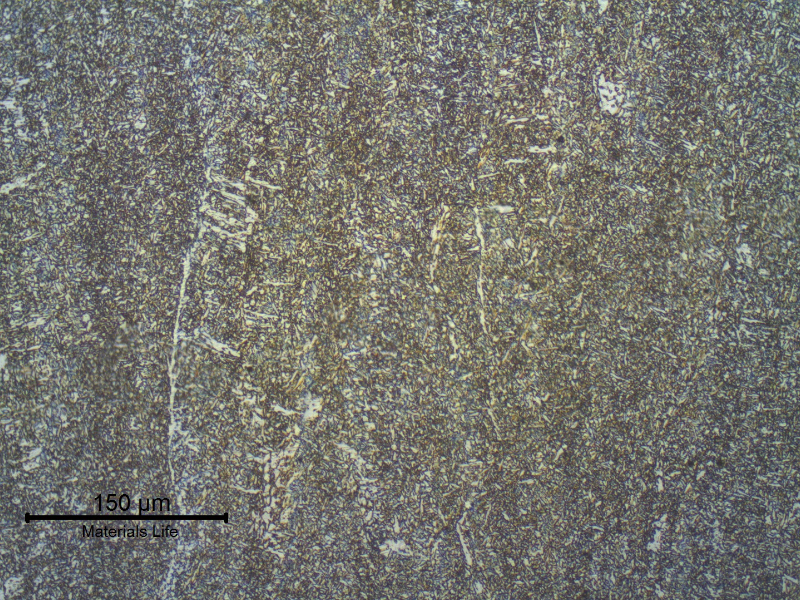 Micrography of the weld metal of the last bead. Columnar morphology and refined ferritic structure.