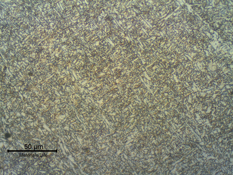 Micrographic detail of the weld metal of the last bead. Columnar morphology and refined ferritic structure.