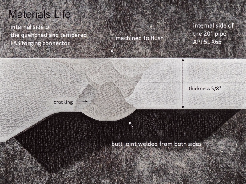 Schematic drawing presenting the longitudinal section of the pipe and connector at the welded joint