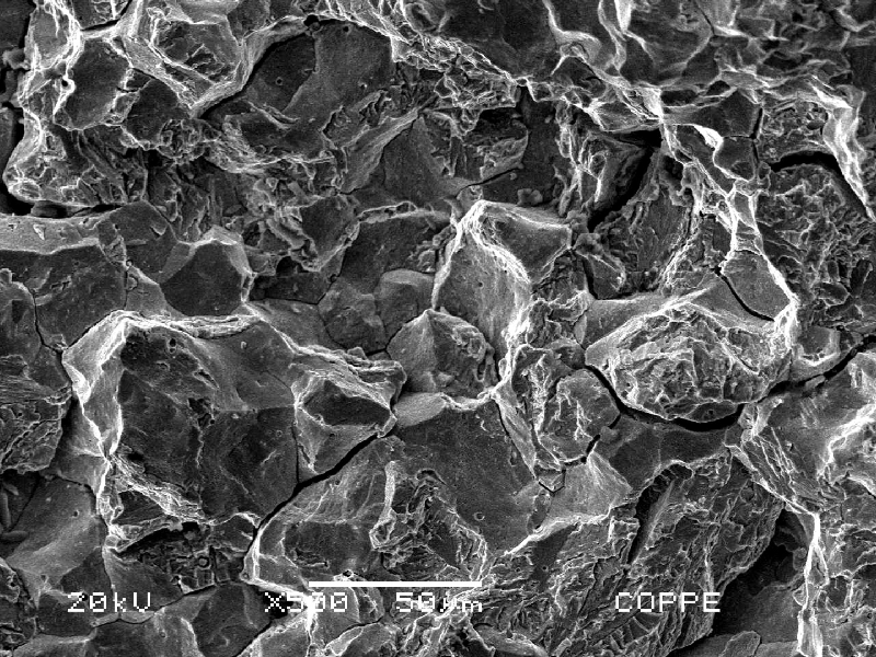 Microscopic aspect of the fracture, close to the bolt surface where the fracture is macroscopically brittle, presenting a predominantly intergranular fracture micromechanism.