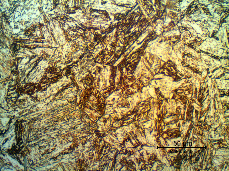 Micrographic detail of the aged martensite structure of the 17-4 PH bolt, about 37 HRc.