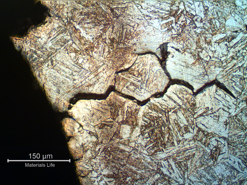 Micrographic detail of intergranular cracks close to the fracture of the bolt, near the bolt surface where the macroscopi aspect was brittle.