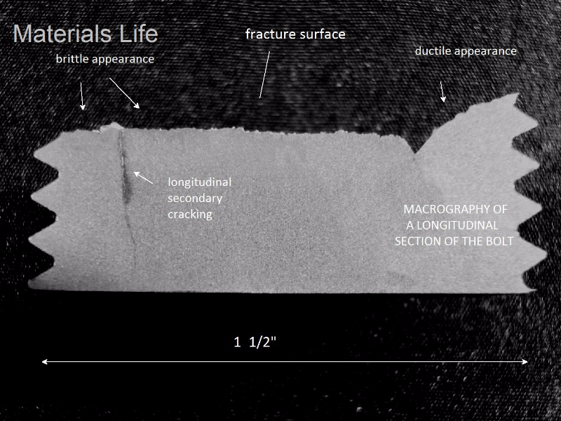 Macrography of a longitudinal section of the broken bolt, at the fracture position, showing that the fracture is partially flat (left side), where the macroscopically aspect is brittle, and a final ductile fracture (right side). Interesting to note that there is a large longitudinal crack, secondary (transverse to the fracture surface).