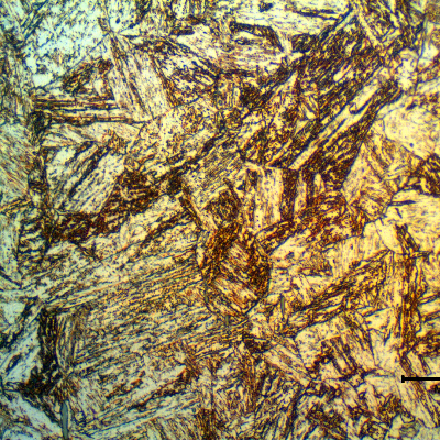 Micrographic detail of the aged martensite structure of the 17-4 PH bolt, about 37 HRc.