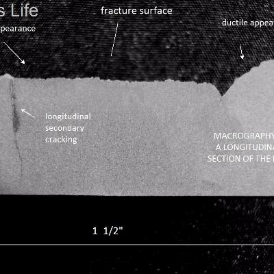 Macrography of a longitudinal section of the broken bolt, at the fracture position, showing that the fracture is partially flat (left side), where the macroscopically aspect is brittle, and a final ductile fracture (right side). Interesting to note that there is a large longitudinal crack, secondary (transverse to the fracture surface).