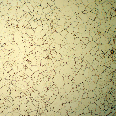The stud presents an austenitic structure, with primary and secondary precipitates of a size that is visible in low magnification microscopy.