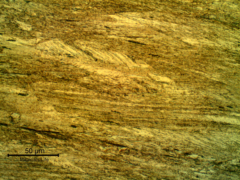 Micrographic detail of the strain hardened aged martensitic structure. Small aligned delta ferrite islands can be seen.