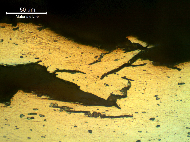 Micrographic detail of a longitudinal section of the wire, at the fracture surface (top of the figure) evidencing the intergranular and transgranular aspects of the hydrogen assisted cracking mechanism. The electrolytic oxalic acid etch reveals the delta ferrite phase.  Compare with the Kalling etch in the other figure.