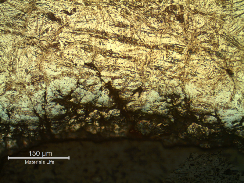 Micrographic detail of the spring wire surface, far from the fracture, showing several small intergranular cracks.