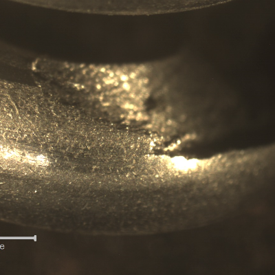 Detailed aspect of the spring close to the fracture position. The wire surface shows a morphology that reveals the material structure.