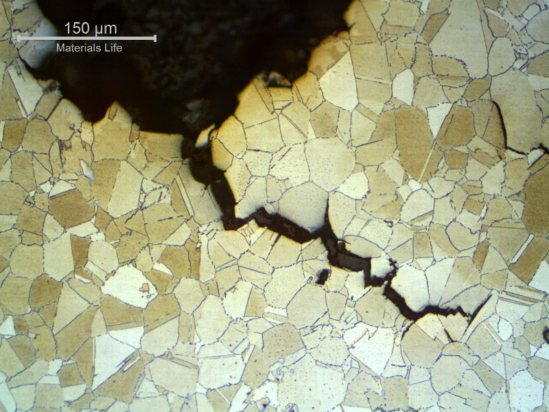 The micrographic detail of the longitudinal section at the fracture surface shows intergranular morphology for the secondary cracks (longitudinal to the forging axis).