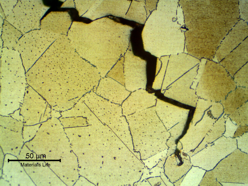 Micrographic detail of a longitudinal section of the connector, at the fracture surface (in the top), showing intergranular secondary cracks. There is a large amount of delta phase precipitated intergranular and intragranluar.