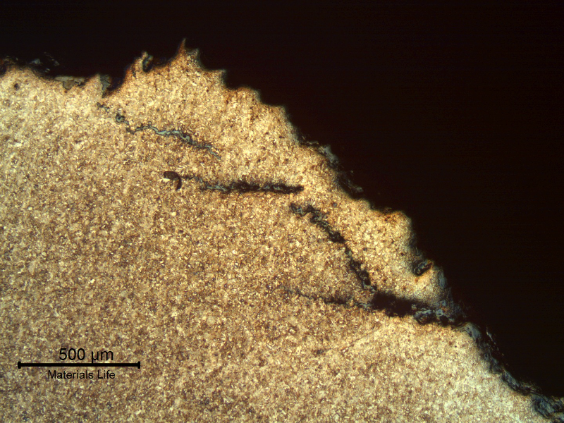 Micrography of the longitudinal section of the link, close to the fracture surface (in the top of the figure). There are secondary cracks parallel to the fracture.
