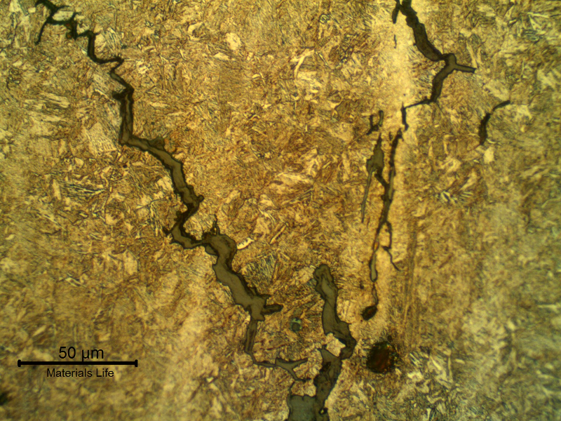 Micrographic detail of the longitudinal section of the link, presenting internal cracks of intergranular morphology, typical of a hydrogen assisted mechanism.