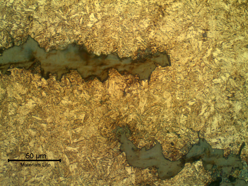 Micrographic detail of the intergranular secondary cracks, parallel to the fracture, typical of a hydrogen assisted cracking.