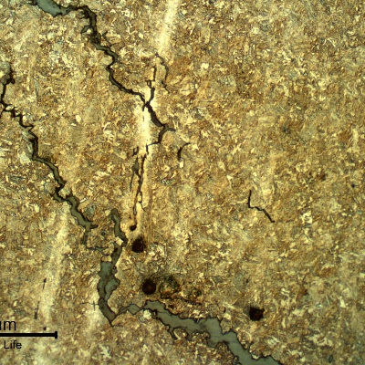 Micrography of the longitudinal section of the link, presenting secondary cracks in the longitudinal direction, following segregation bands in the material.