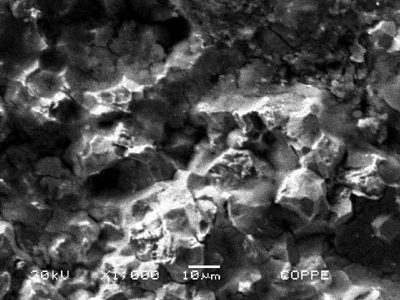 Microscopic detail of the fracture surface in the position where the fracture is intergranular, probably due to the MIC attack creating an embrittled condition of the material. A surface film is evident in this position suggesting that the fracture remained open and exposed to the environment during a certain time before the failure was detected.