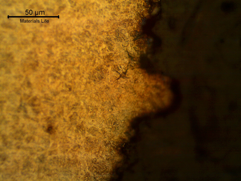 Micrographic aspect of the disc fracture (in the right side of the figure).  It is possible to see that the structure is martensitic and there are secondary intergranular cracks associated to the fracture.