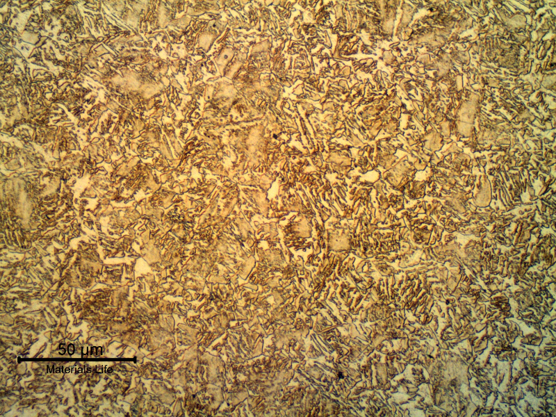 Micrographic detail of the bainitic structure in the center of the pin, that was quenched and tempered after carburizing.