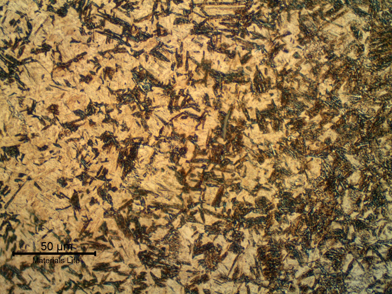 Micrographic detail of the high hardness martensitic structure at the surface of the pin, that was quenched and tempered after carburizing.
