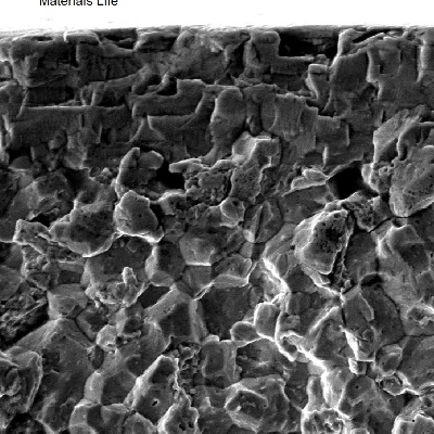 Scanning electron fractography of a chromium plated pin, close to the pin surface where the fatigue cracking started, showing intergranular morphology typical of a hydrogen embrittlement  effect. It occurred because the low alloy pin was carburized, quenched and tempered, with a too high hardness structure, before the electrolytic plating.