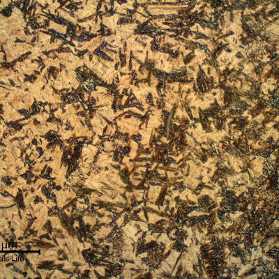 Micrographic detail of the high hardness martensitic structure at the surface of the pin, that was quenched and tempered after carburizing.