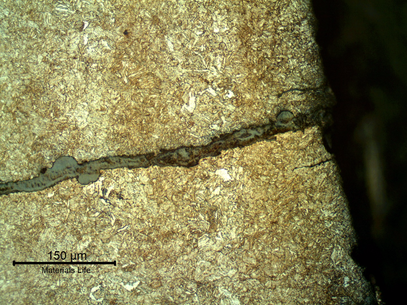 Micrography of the external surface of the tubular equipment, close to the fracture position (it is to the top of the figure),  showing multiple cracks, typical of a corrosion fatigue mechanism.