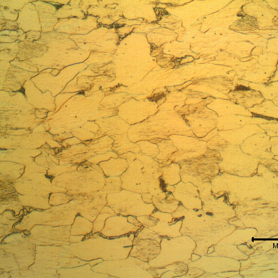 Micrographic detail of a transverse section of the back steel of an engine bearing, presenting a predominantly ferritic structure, strain hardened.